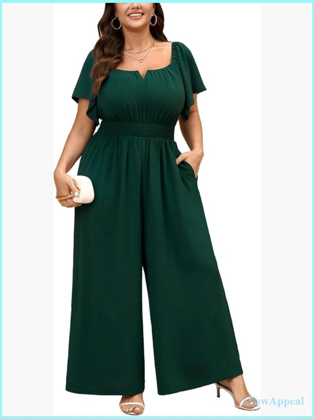 Plus Size Jumpsuit Square Neck Wide Leg Long Pant Romper with Pockets